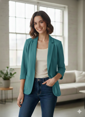 Back view of a women’s teal blazer with a tailored fit, ideal for smart casual and office wear.