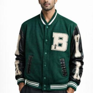 Green varsity jacket for men.” “Men’s letterman jacket with patches.” “Casual college style varsity jacket.”
