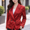 Women’s red double-breasted blazer with a modern tailored fit, ideal for formal and smart casual wear.