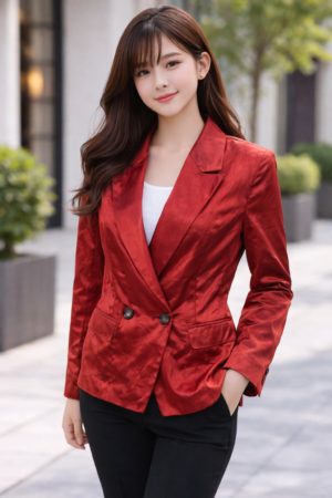 Women’s red double-breasted blazer with a modern tailored fit, ideal for formal and smart casual wear.