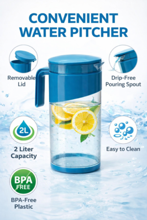 “Blue water jug with lid.” “2L plastic water pitcher.” “Drip-free water serving jug.”