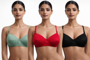 Set of three women’s cotton bras – green, nude, and black.”