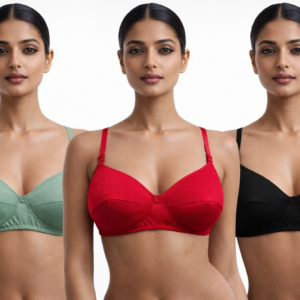 Set of three women’s cotton bras – green, nude, and black.”